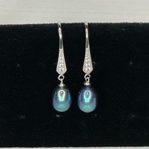 Peacock Rice Pearl & CZ .925 Sterling Silver Drop Earrings Handmade